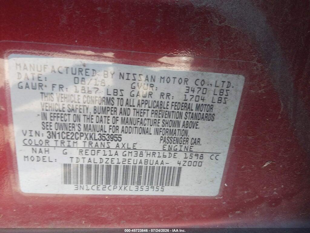 3N1CE2CPXKL353955 2019 NISSAN VERSA NOTE photo no. 9
