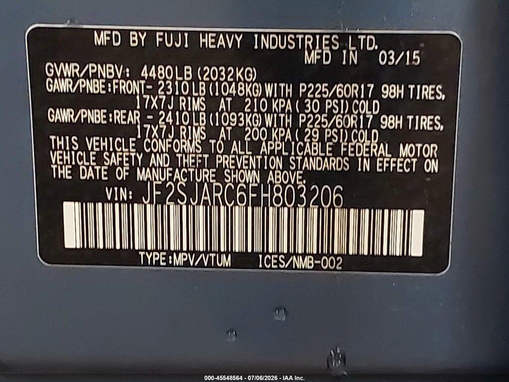 JF2SJARC6FH803206 2015 SUBARU FORESTER photo no. 9