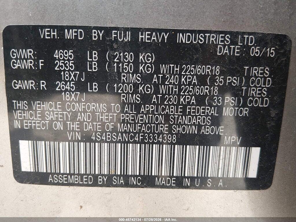 4S4BSANC4F3334398 2015 SUBARU OUTBACK photo no. 9