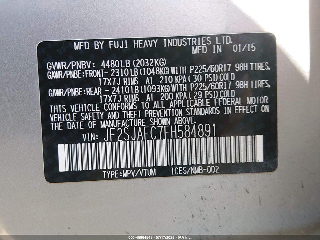 JF2SJAFC7FH584891 2015 SUBARU FORESTER photo no. 9
