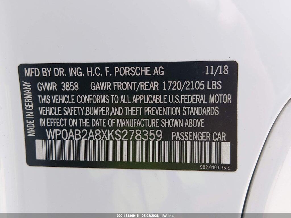 WP0AB2A8XKS278359 2019 PORSCHE 718 CAYMAN photo no. 9
