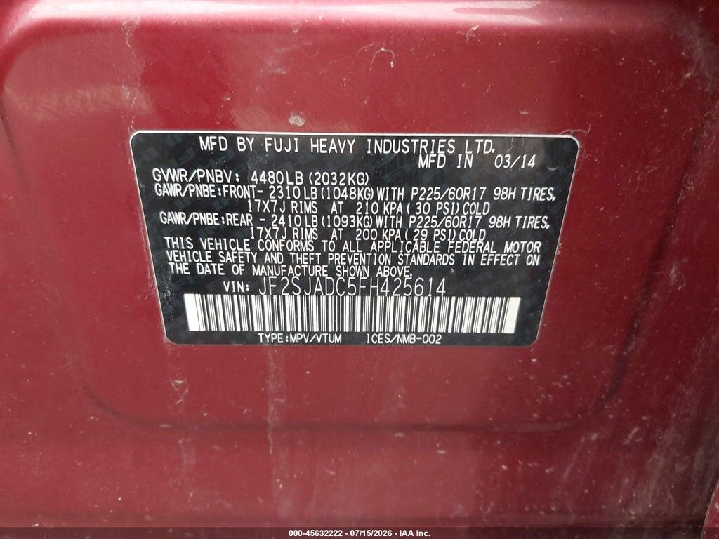 JF2SJADC5FH425614 2015 SUBARU FORESTER photo no. 9