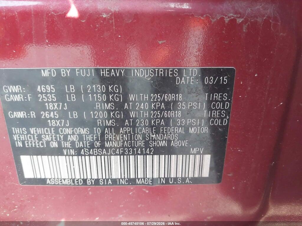 4S4BSAJC4F3314142 2015 SUBARU OUTBACK photo no. 9