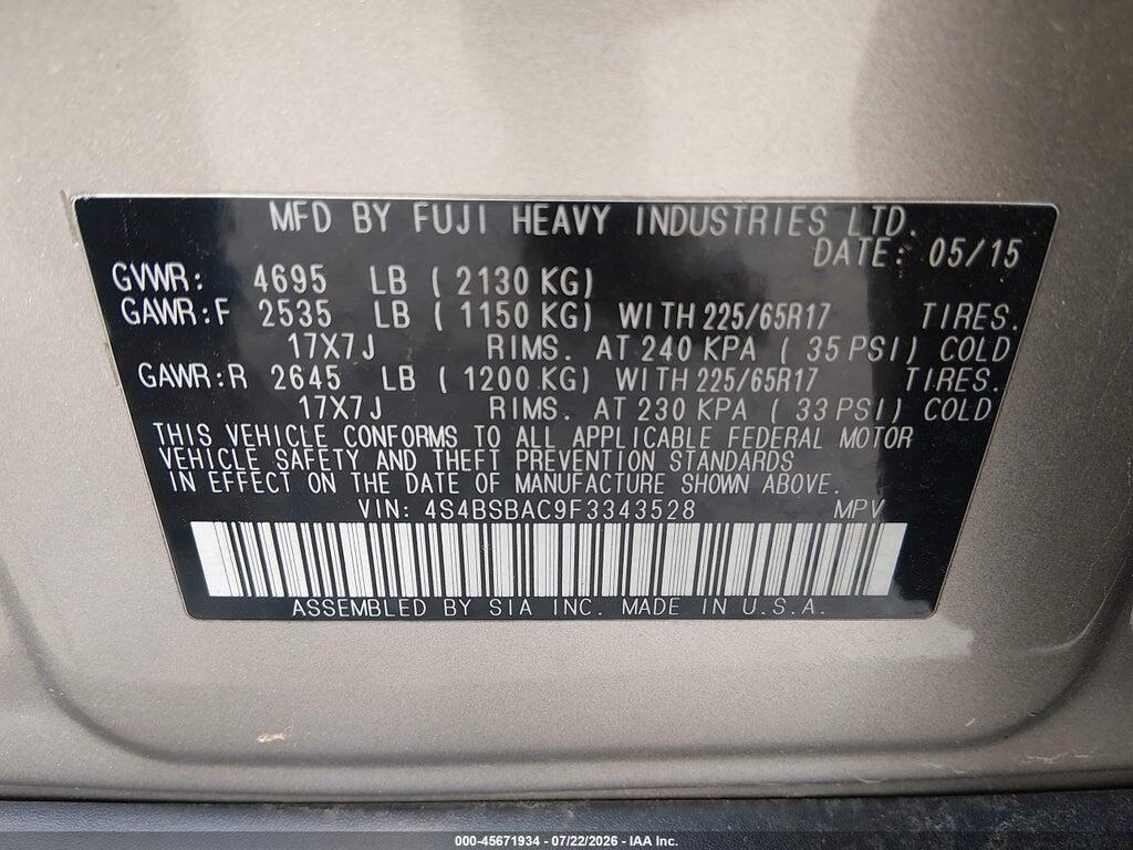 4S4BSBAC9F3343528 2015 SUBARU OUTBACK photo no. 9