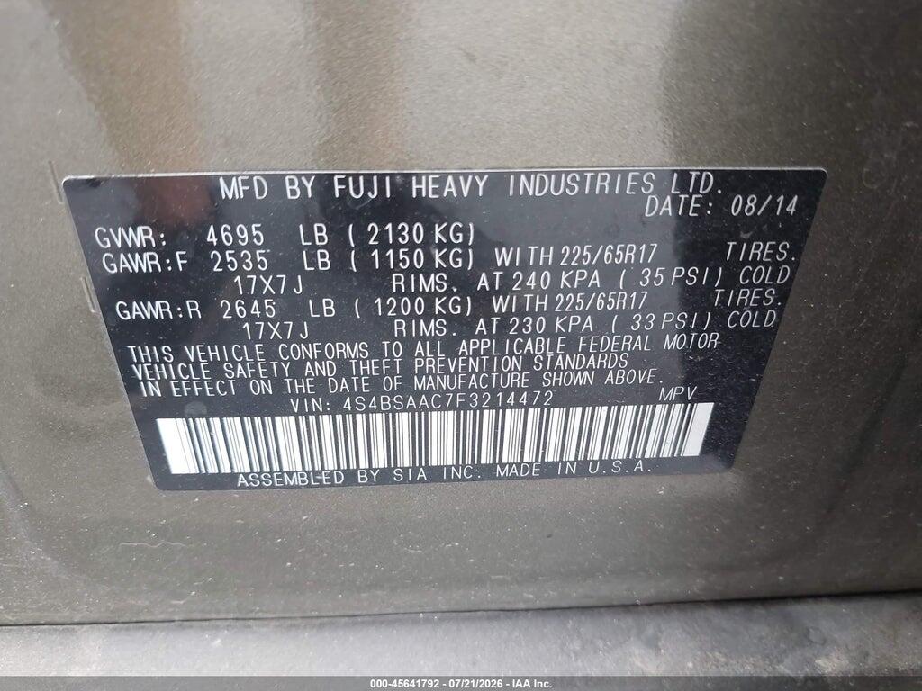 4S4BSAAC7F3214472 2015 SUBARU OUTBACK photo no. 9
