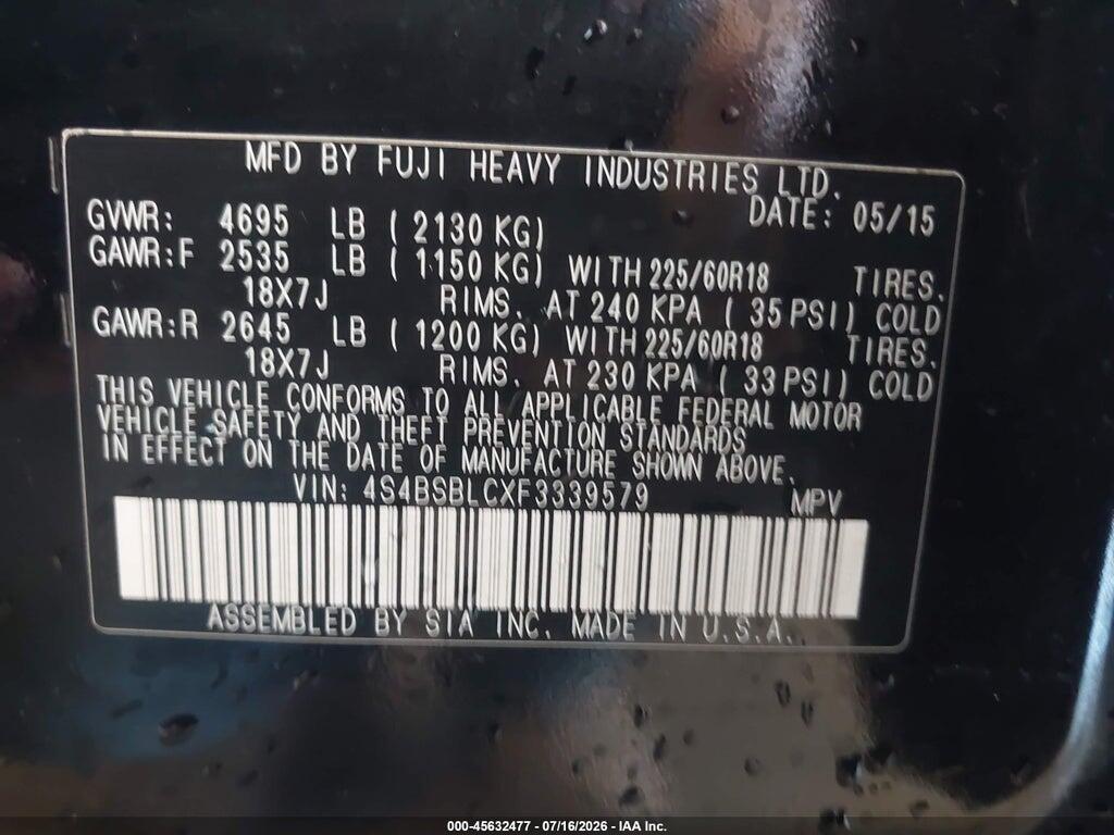 4S4BSBLCXF3339579 2015 SUBARU OUTBACK photo no. 9