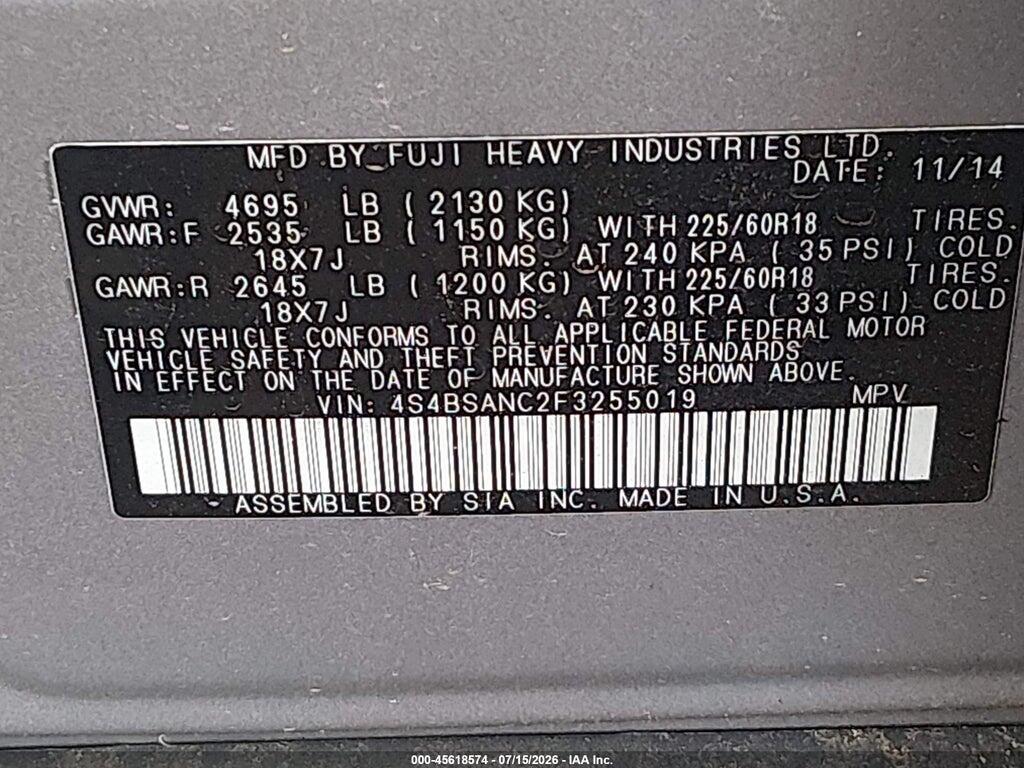 4S4BSANC2F3255019 2015 SUBARU OUTBACK photo no. 9