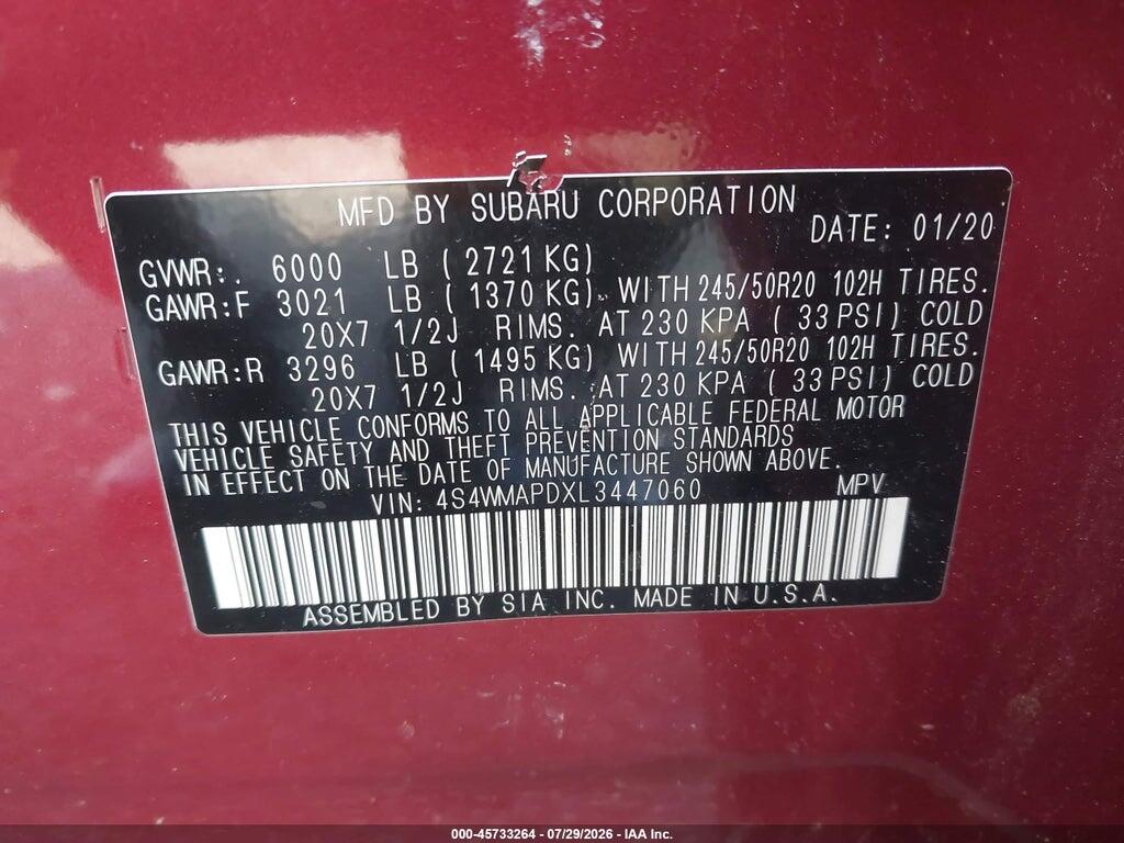 4S4WMAPDXL3447060 2020 SUBARU ASCENT photo no. 9