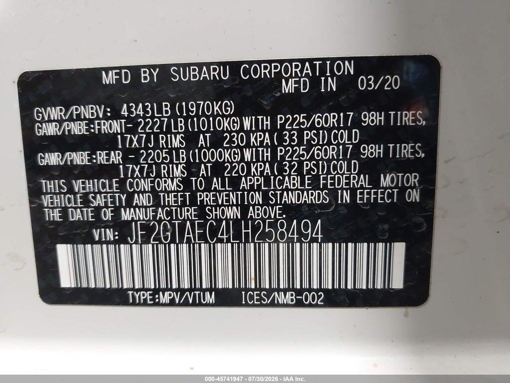 JF2GTAEC4LH258494 2020 SUBARU CROSSTREK photo no. 9