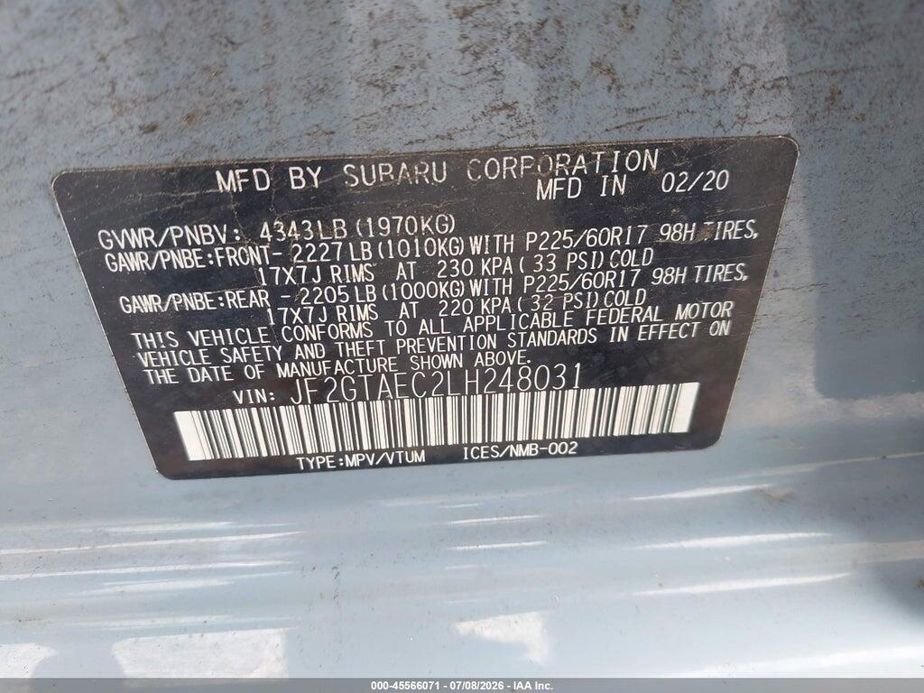 JF2GTAEC2LH248031 2020 SUBARU CROSSTREK photo no. 9