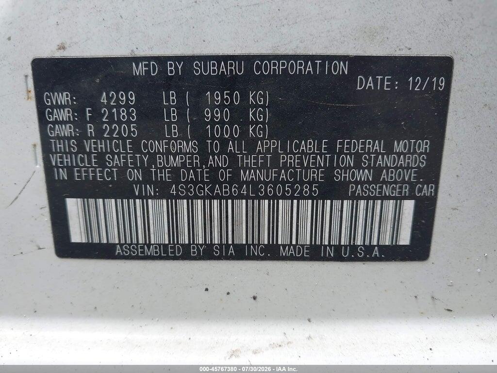 4S3GKAB64L3605285 2020 SUBARU IMPREZA photo no. 9