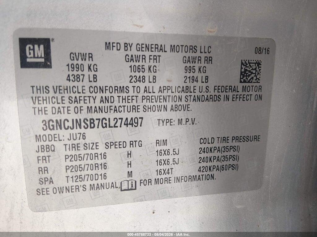3GNCJNSB7GL274497 2016 CHEVROLET TRAX photo no. 9