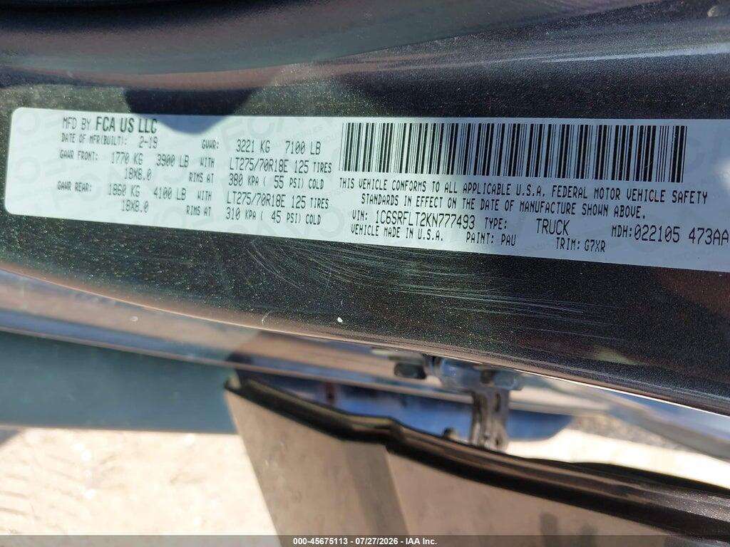 1C6SRFLT2KN777493 2019 RAM 1500 photo no. 9