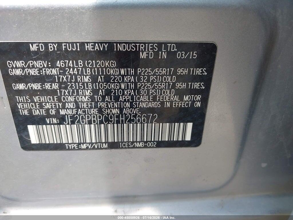 JF2GPBPC9FH256672 2015 SUBARU XV CROSSTREK HYBRID photo no. 9