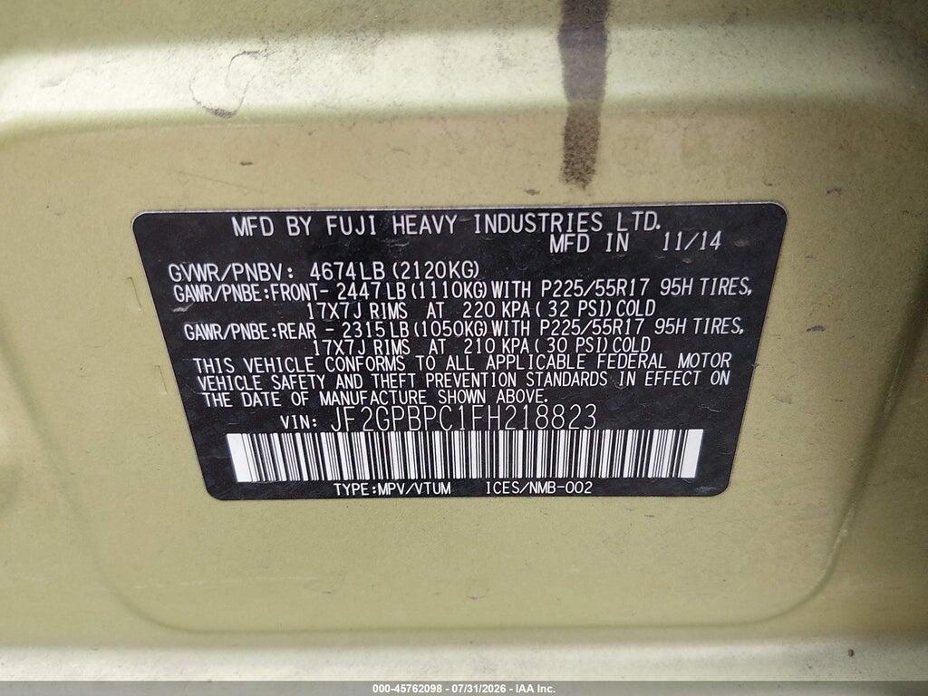 JF2GPBPC1FH218823 2015 SUBARU XV CROSSTREK HYBRID photo no. 9