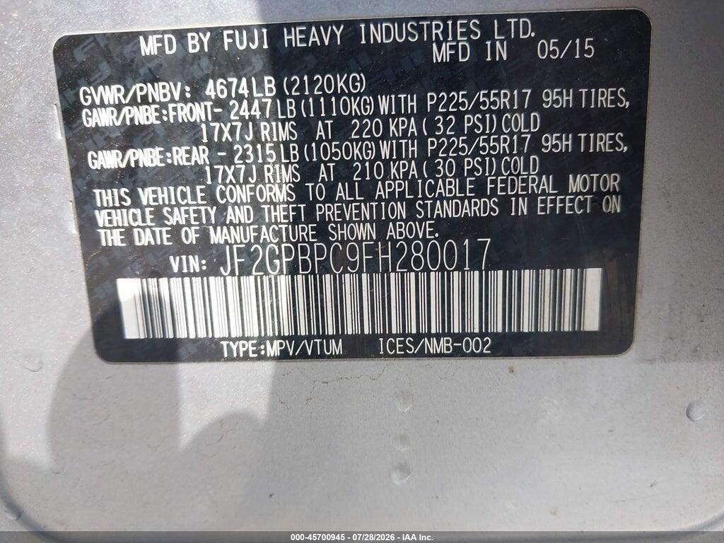 JF2GPBPC9FH280017 2015 SUBARU XV CROSSTREK HYBRID photo no. 9