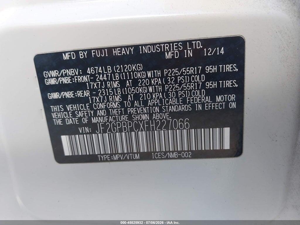 JF2GPBPCXFH227066 2015 SUBARU XV CROSSTREK HYBRID photo no. 9