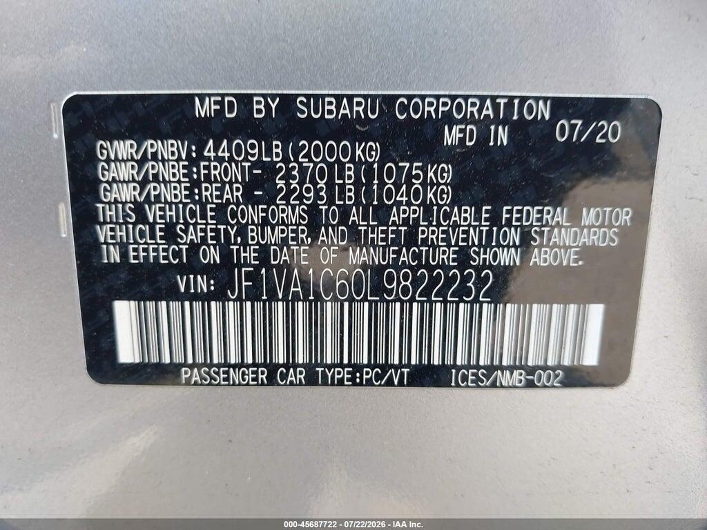 JF1VA1C60L9822232 2020 SUBARU WRX photo no. 9