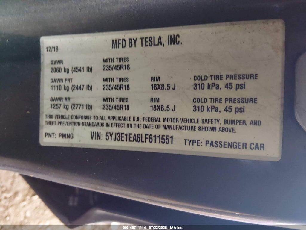 5YJ3E1EA6LF611551 2020 TESLA MODEL 3 photo no. 9