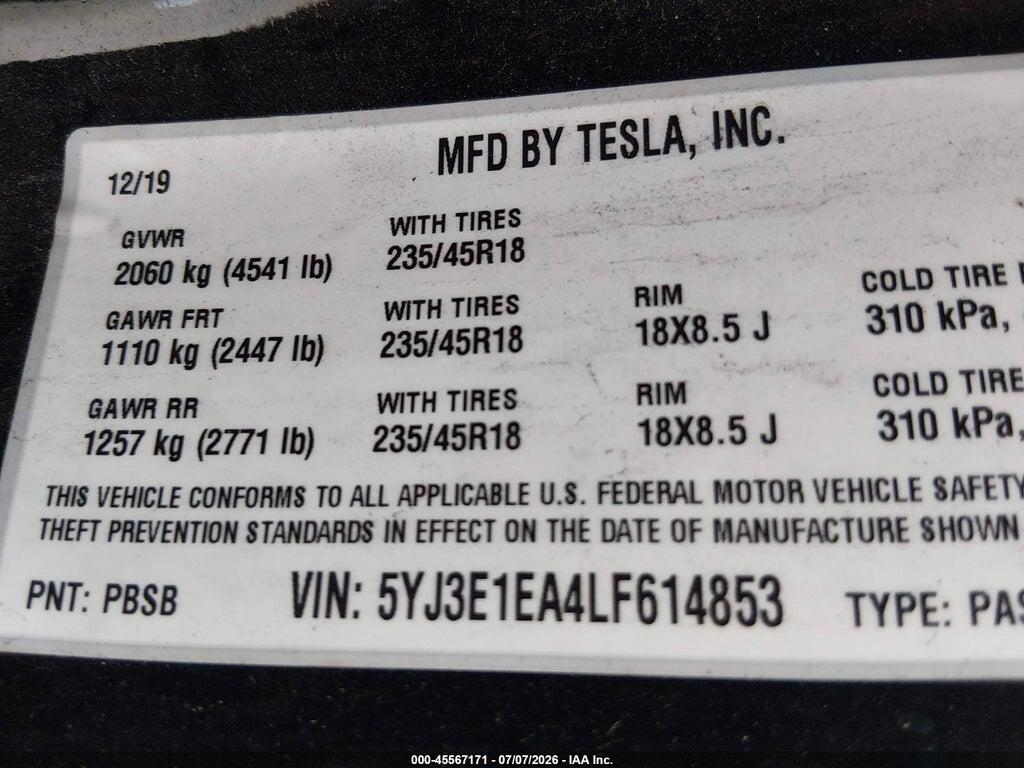 5YJ3E1EA4LF614853 2020 TESLA MODEL 3 photo no. 9