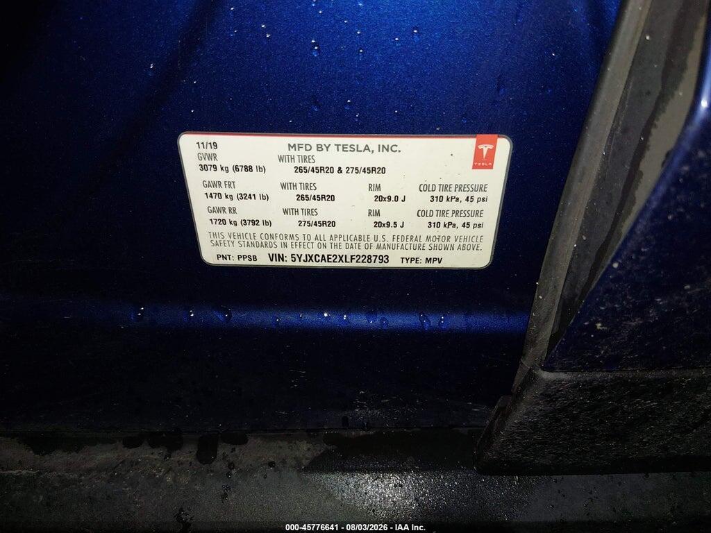5YJXCAE2XLF228793 2020 TESLA MODEL X photo no. 9