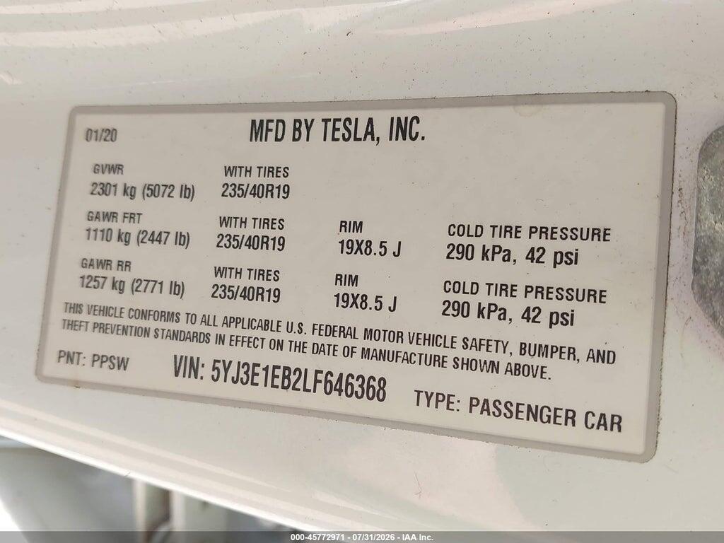 5YJ3E1EB2LF646368 2020 TESLA MODEL 3 photo no. 9