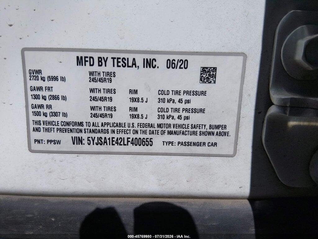5YJSA1E42LF400655 2020 TESLA MODEL S photo no. 9