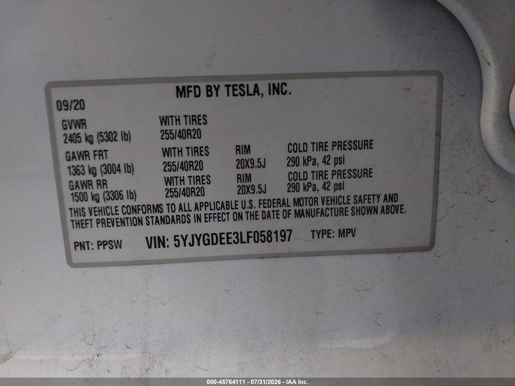 5YJYGDEE3LF058197 2020 TESLA MODEL Y photo no. 9