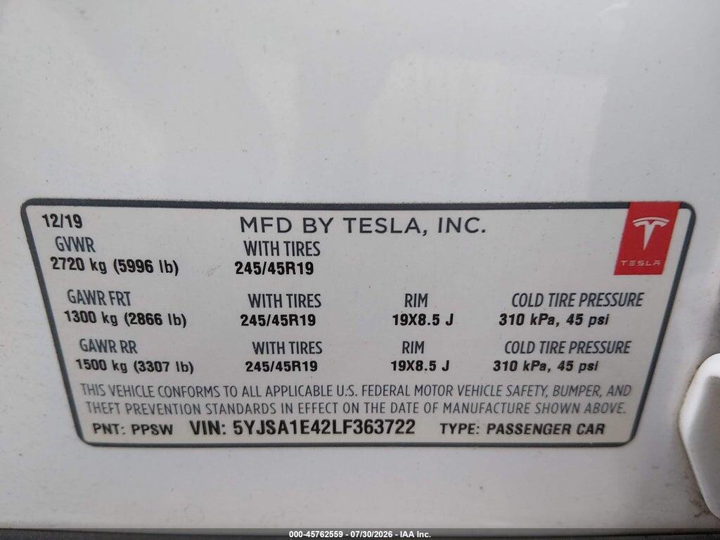 5YJSA1E42LF363722 2020 TESLA MODEL S photo no. 9