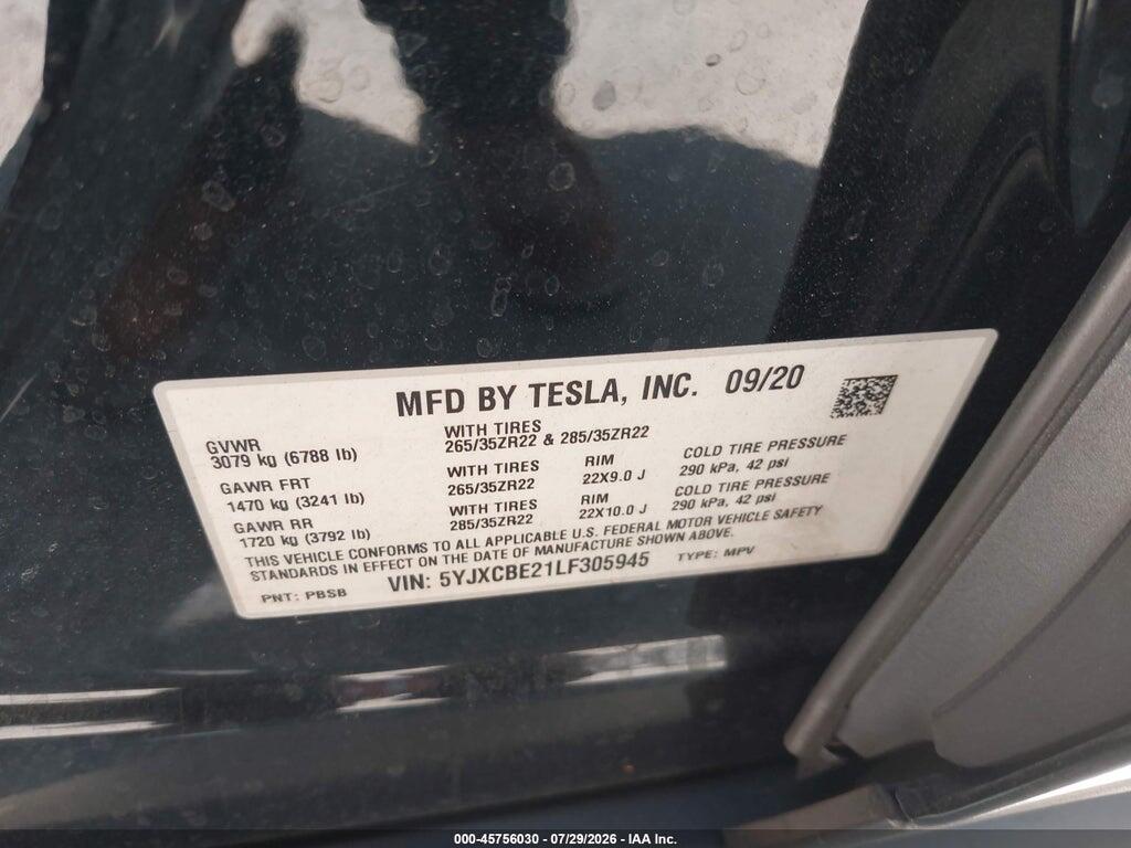 5YJXCBE21LF305945 2020 TESLA MODEL X photo no. 9
