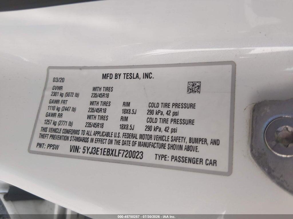 5YJ3E1EBXLF720023 2020 TESLA MODEL 3 photo no. 9