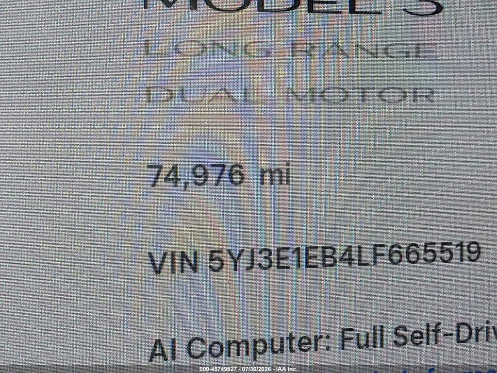 5YJ3E1EB4LF665519 2020 TESLA MODEL 3 photo no. 9