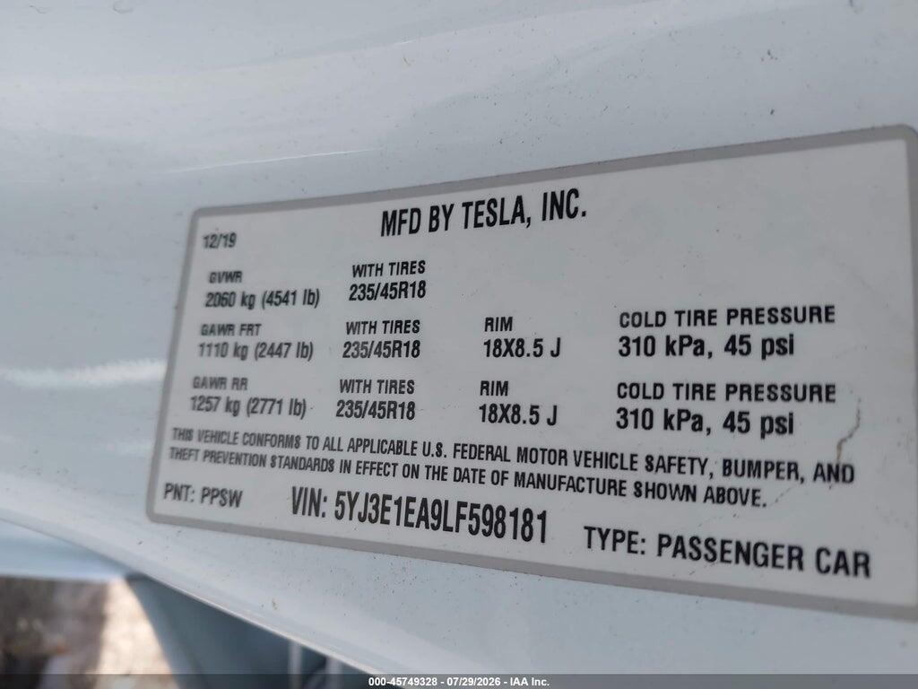 5YJ3E1EA9LF598181 2020 TESLA MODEL 3 photo no. 9