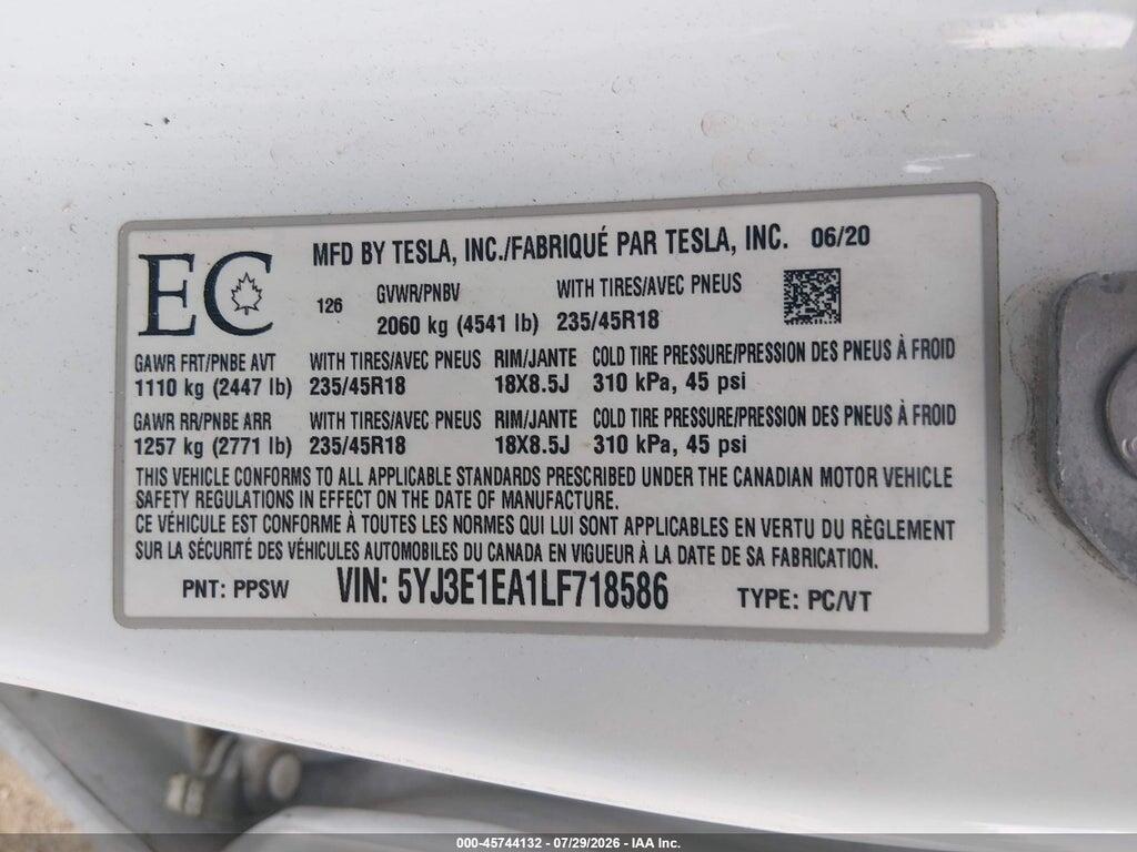 5YJ3E1EA1LF718586 2020 TESLA MODEL 3 photo no. 9