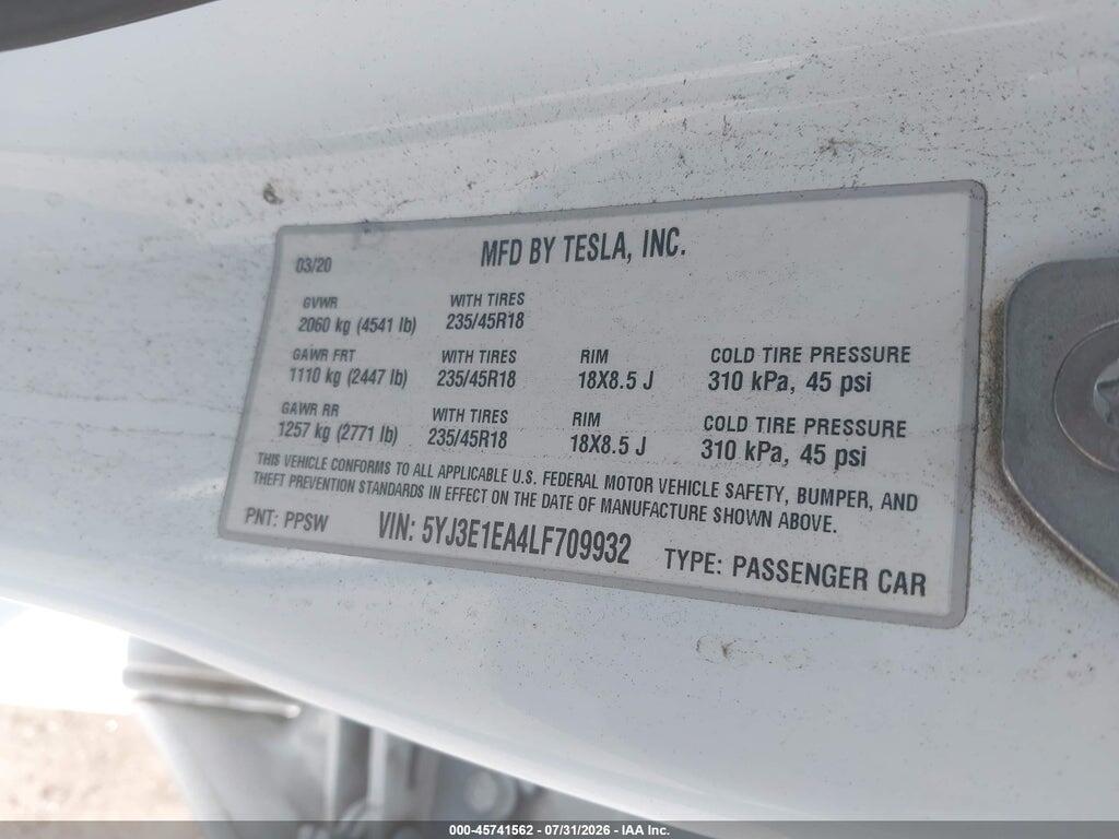 5YJ3E1EA4LF709932 2020 TESLA MODEL 3 photo no. 9