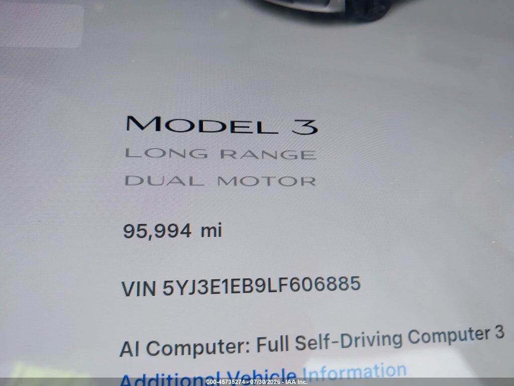 5YJ3E1EB9LF606885 2020 TESLA MODEL 3 photo no. 7