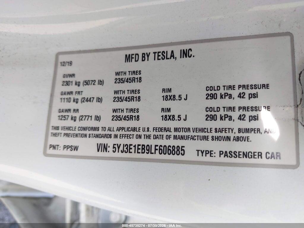 5YJ3E1EB9LF606885 2020 TESLA MODEL 3 photo no. 9
