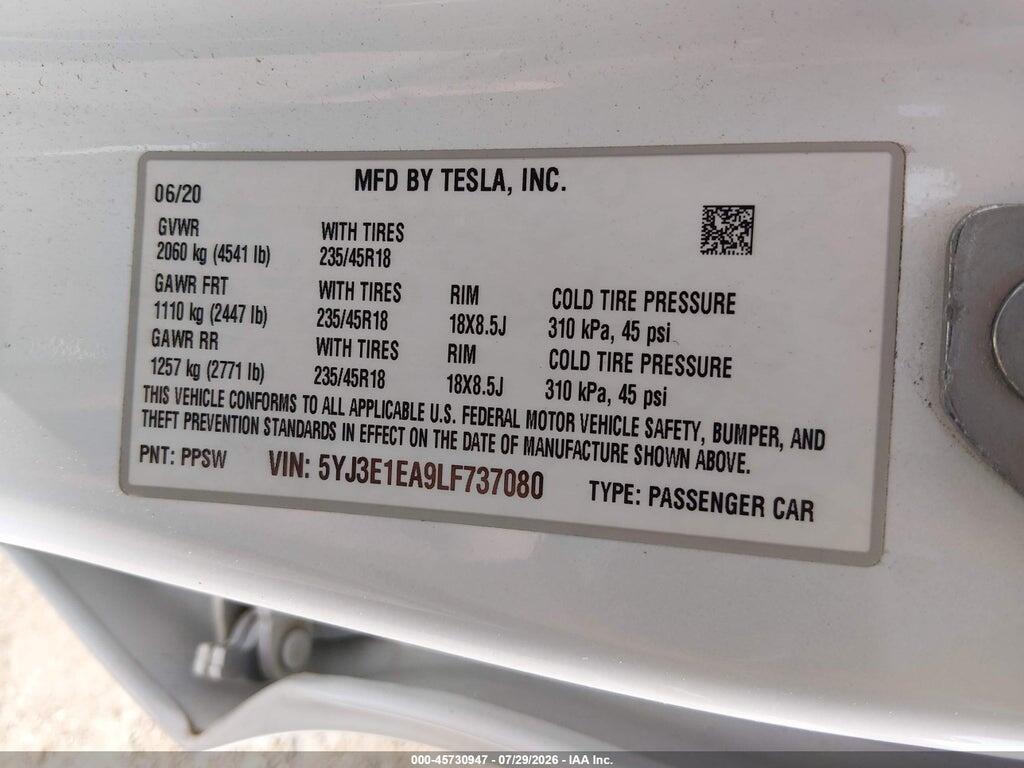 5YJ3E1EA9LF737080 2020 TESLA MODEL 3 photo no. 9