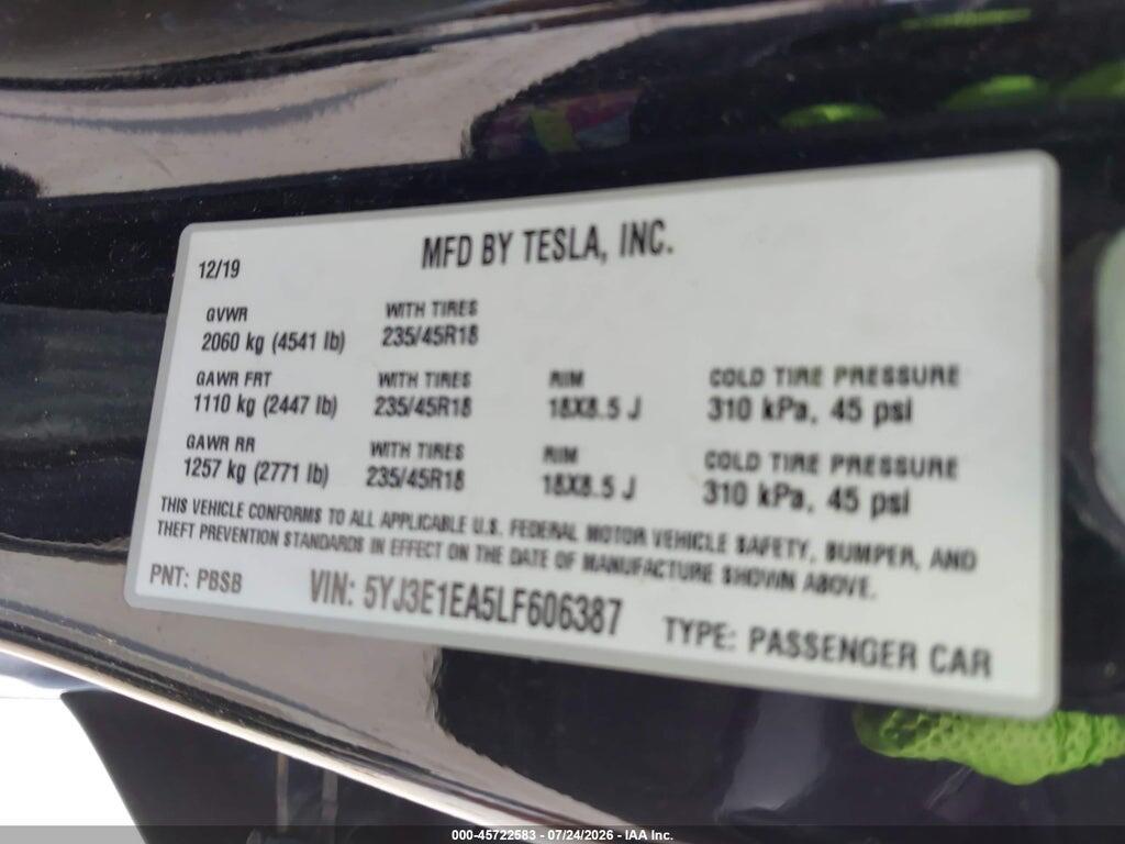 5YJ3E1EA5LF606387 2020 TESLA MODEL 3 photo no. 9
