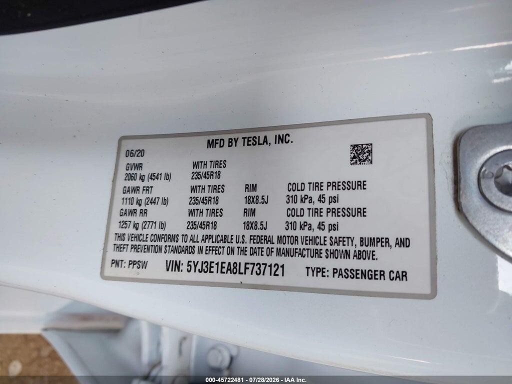 5YJ3E1EA8LF737121 2020 TESLA MODEL 3 photo no. 9