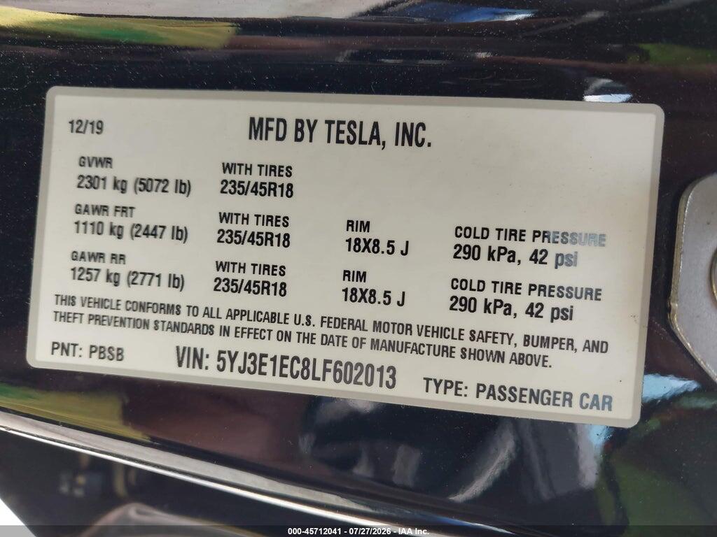 5YJ3E1EC8LF602013 2020 TESLA MODEL 3 photo no. 9