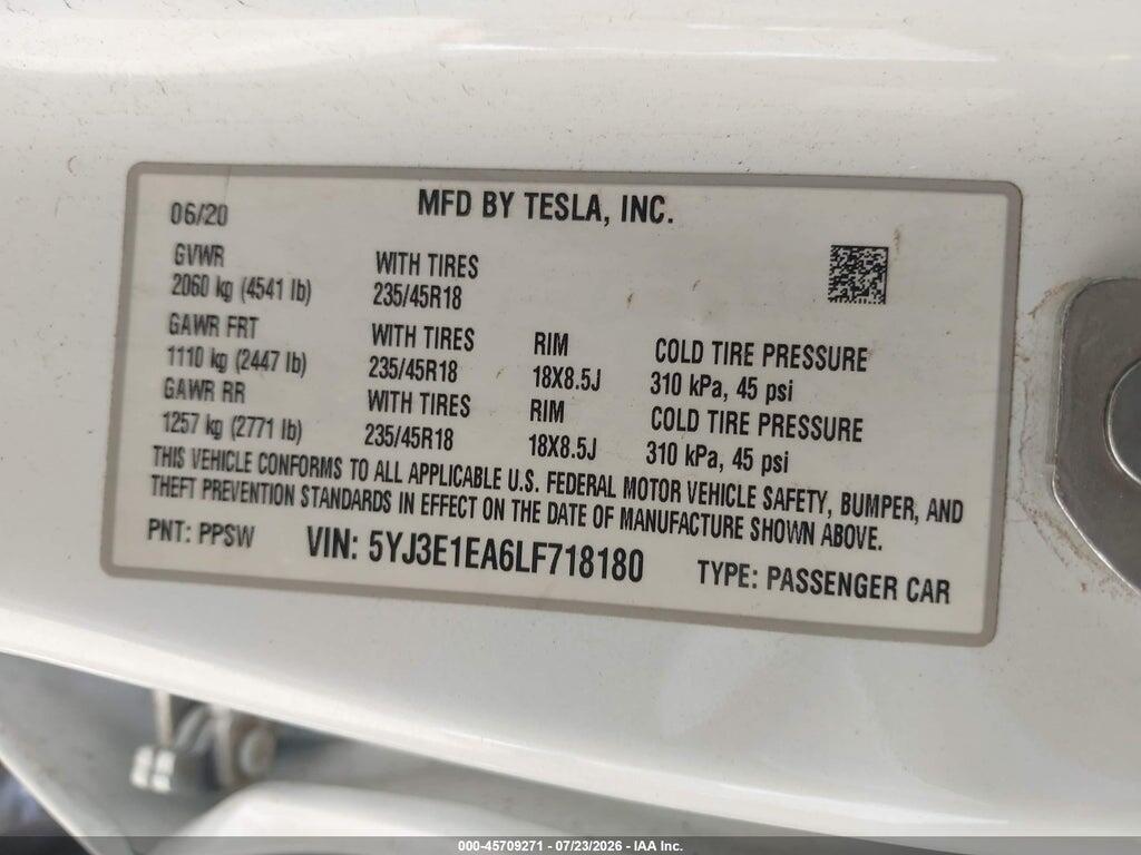 5YJ3E1EA6LF718180 2020 TESLA MODEL 3 photo no. 9