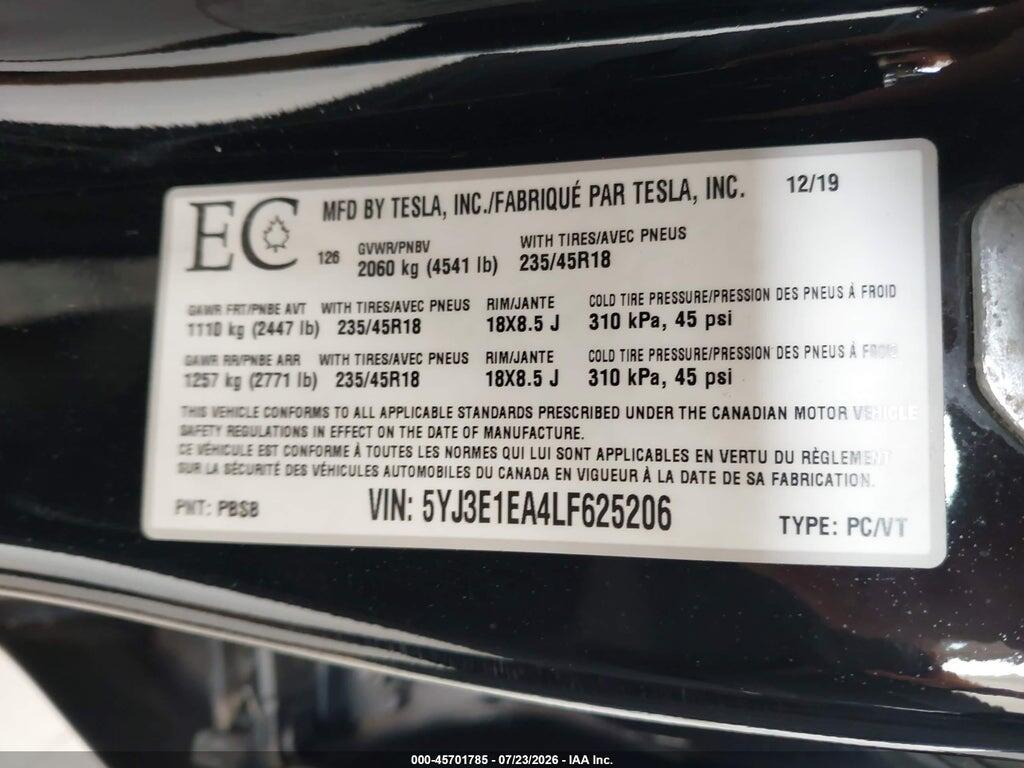 5YJ3E1EA4LF625206 2020 TESLA MODEL 3 photo no. 9