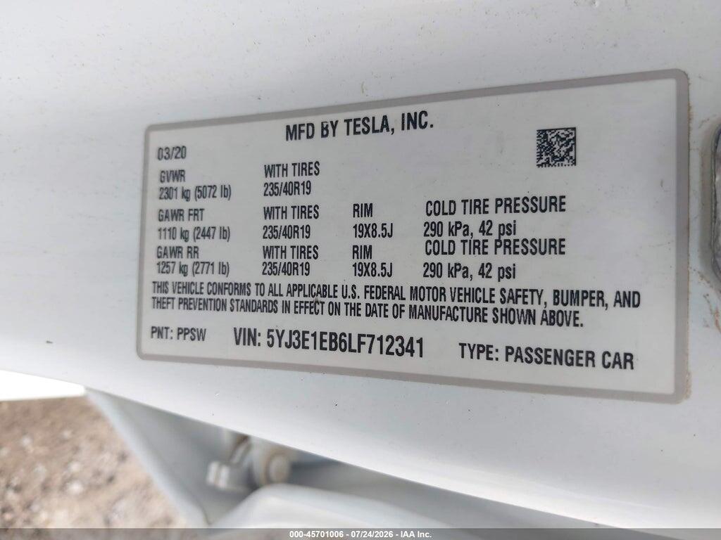 5YJ3E1EB6LF712341 2020 TESLA MODEL 3 photo no. 9