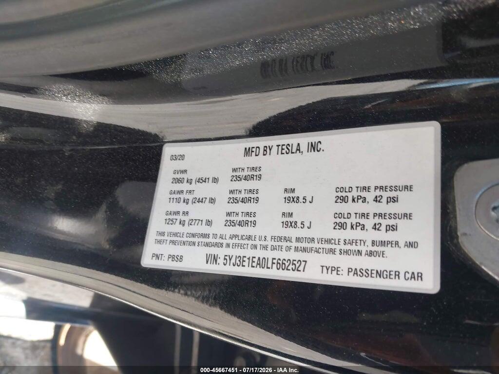 5YJ3E1EA0LF662527 2020 TESLA MODEL 3 photo no. 9