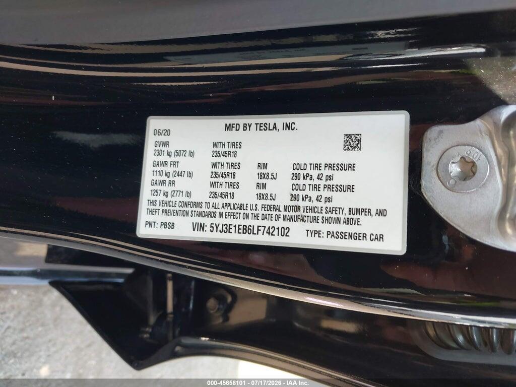 5YJ3E1EB6LF742102 2020 TESLA MODEL 3 photo no. 9