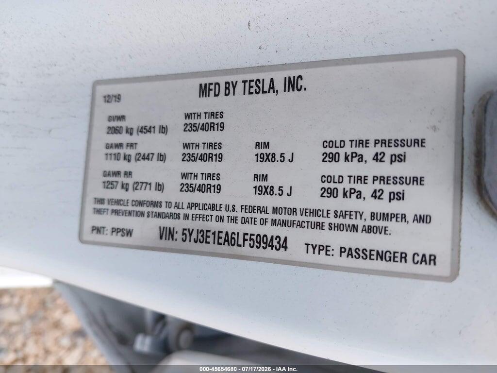 5YJ3E1EA6LF599434 2020 TESLA MODEL 3 photo no. 9