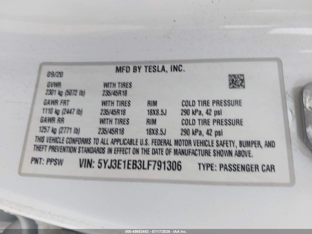 5YJ3E1EB3LF791306 2020 TESLA MODEL 3 photo no. 9