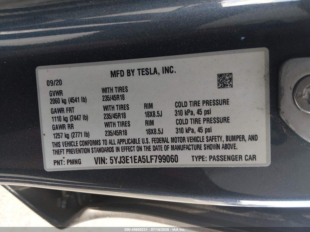 5YJ3E1EA5LF799060 2020 TESLA MODEL 3 photo no. 9
