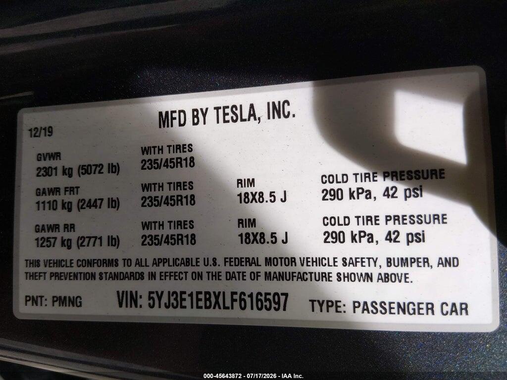 5YJ3E1EBXLF616597 2020 TESLA MODEL 3 photo no. 9
